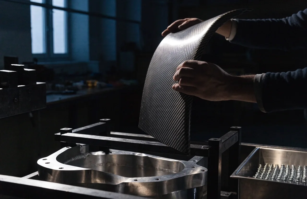 Carbon-titanium monocoque panel under a single raking key light on a matte backdrop