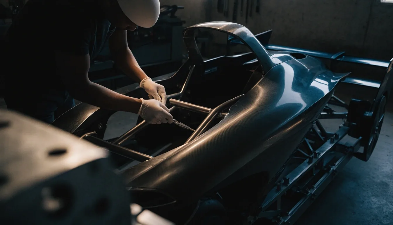 Open barchetta hypercar body in a dark workshop, roll hoop sharp in the foreground with the painted body falling to shadow