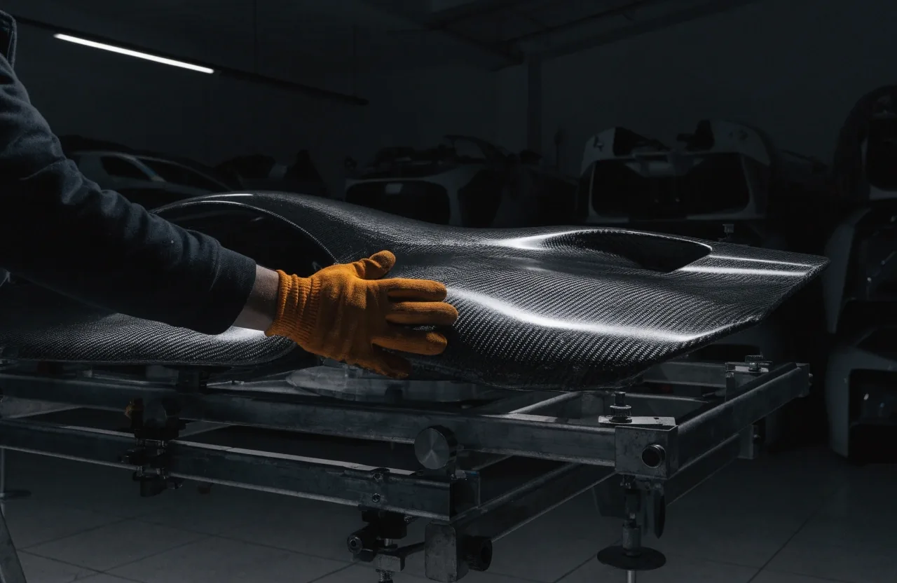 Carbon-titanium monocoque chassis on a build trolley in a night-lit atelier bay