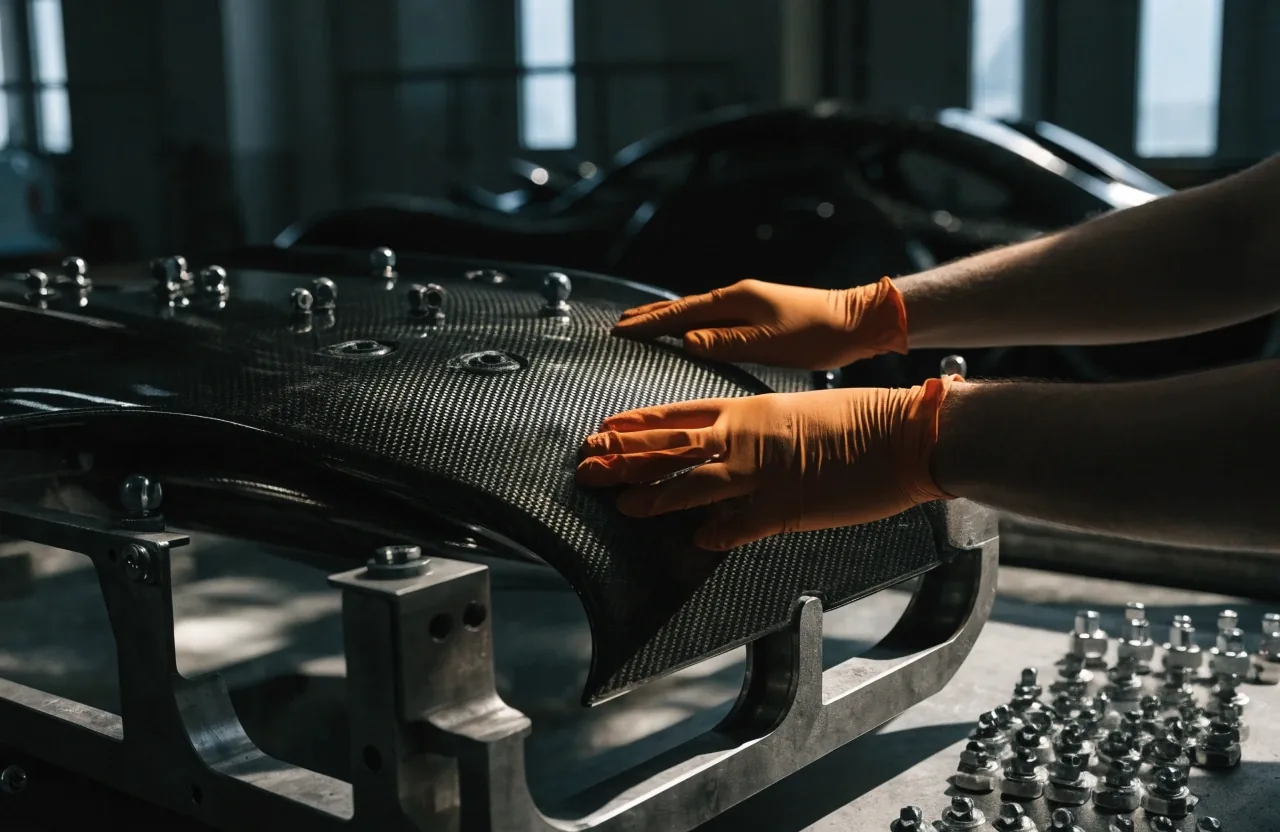 Macro view of carbon weave and a machined titanium fastener on a monocoque panel