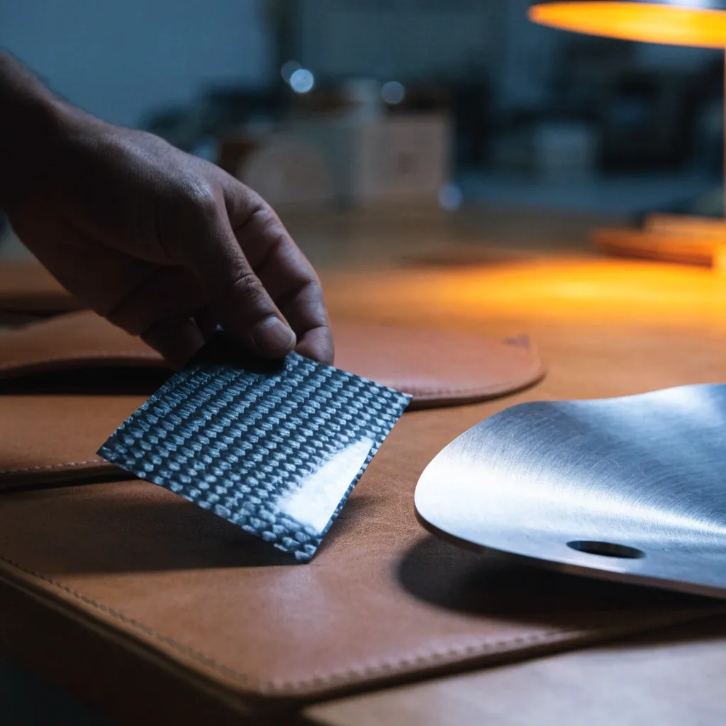 Material swatches and a machined metal sample on a workshop table during a build consultation