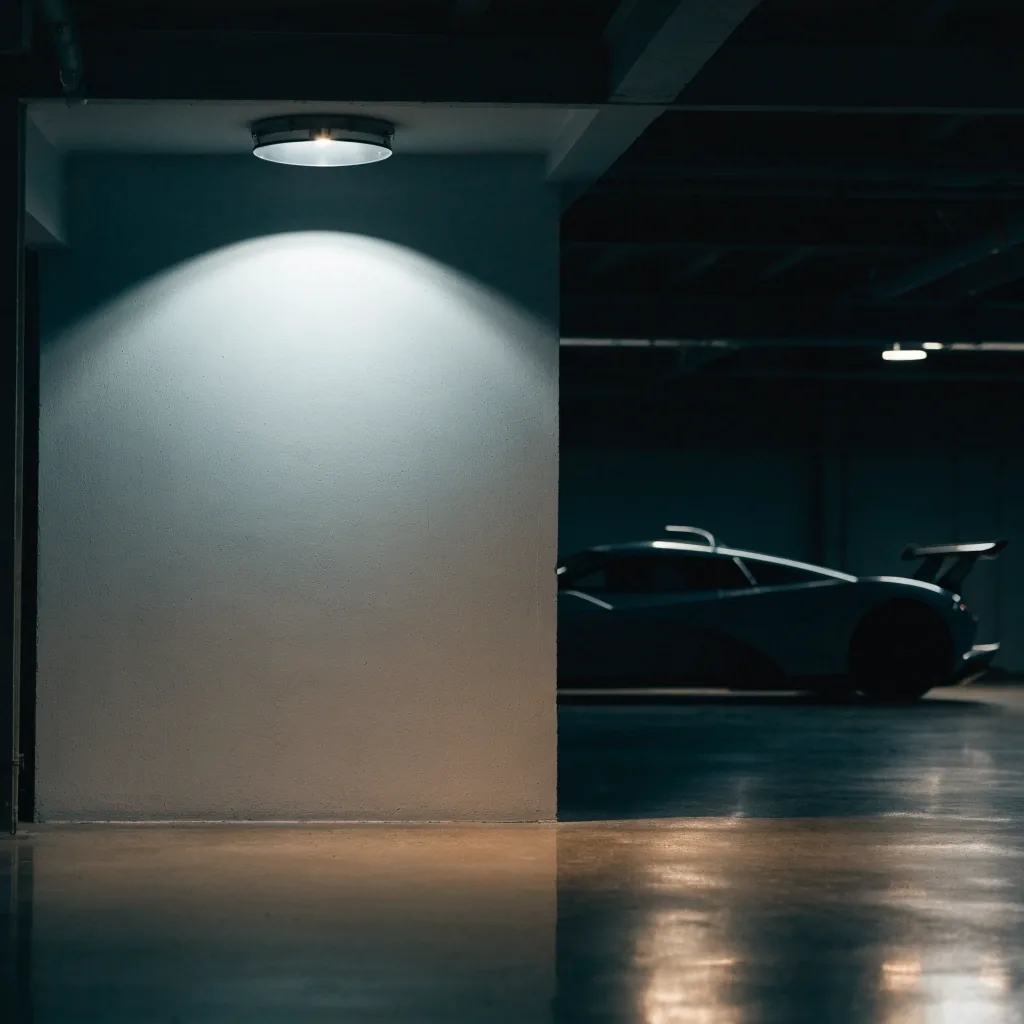 A matte reference wall under one cool lamp with an out-of-focus hypercar silhouette in the dark workshop behind it