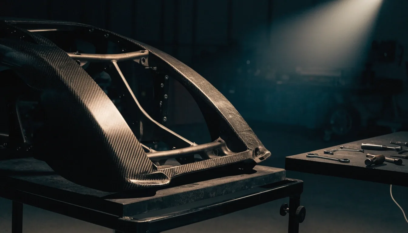 Overhead view of a bare carbon-titanium monocoque on a build trolley with hand tools laid out beside it under one cold lamp