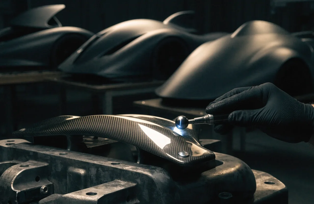 A carbon-titanium monocoque panel on a build trolley inside the atelier workshop, lit by a single overhead lamp