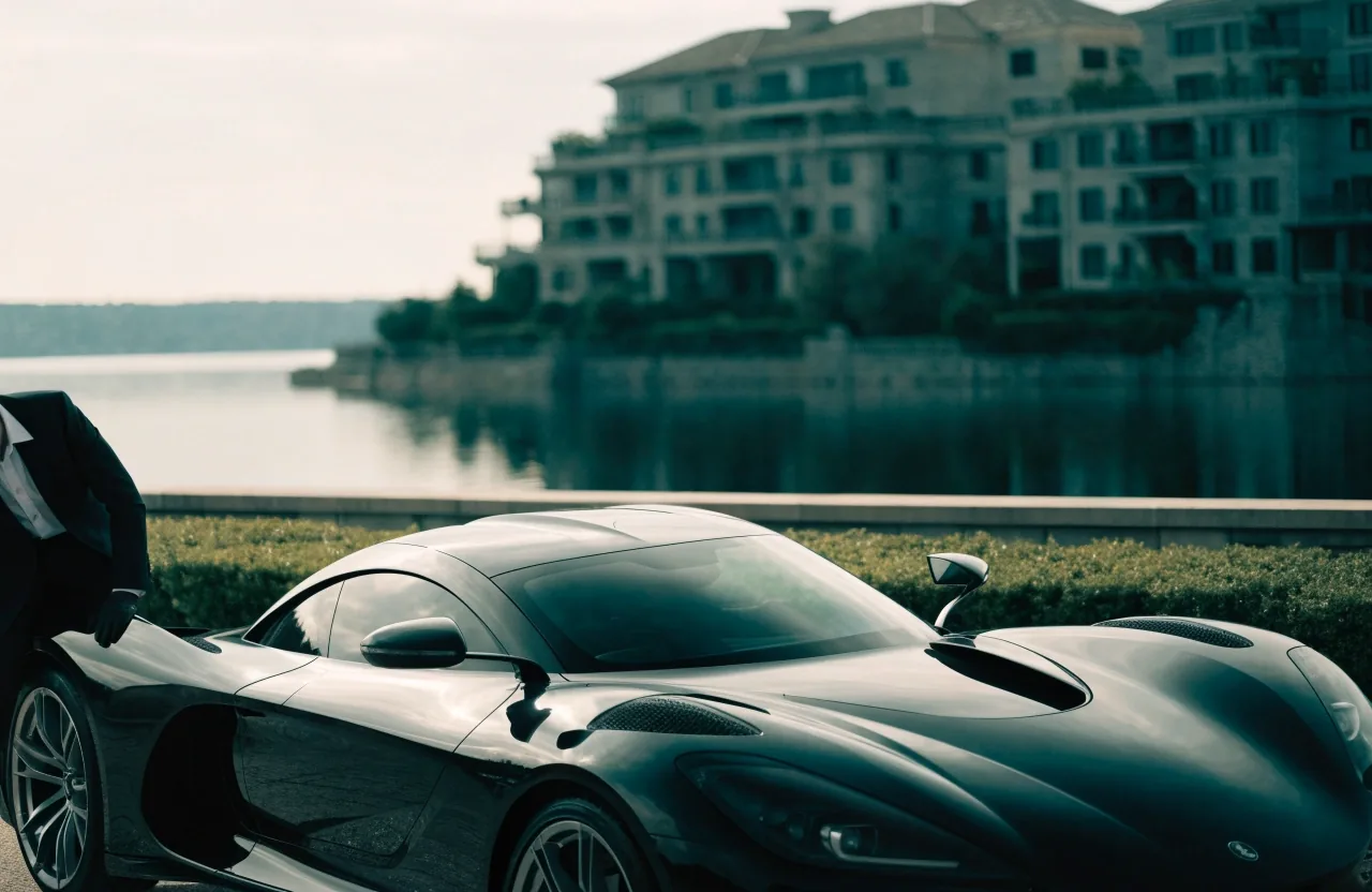 An early two-seat hypercar coupe displayed on a lakeside villa terrace with a guest examining the front fender