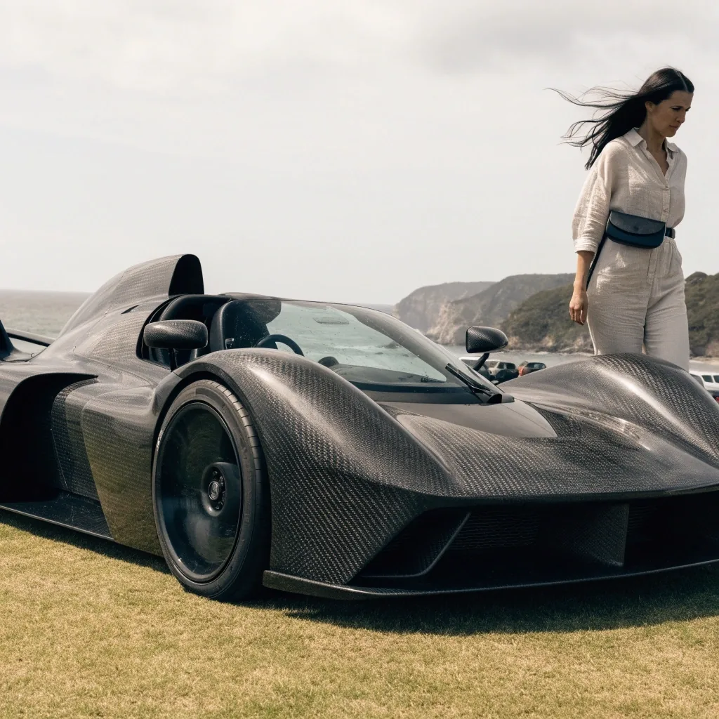 An unbadged open-top hypercar parked on grass at a Monterey peninsula car gathering with a visitor walking past