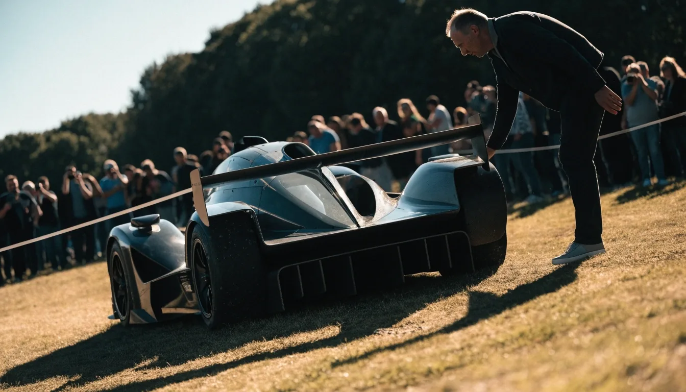 An open-top hypercar parked at a hillclimb event with a person standing beside the rear bodywork