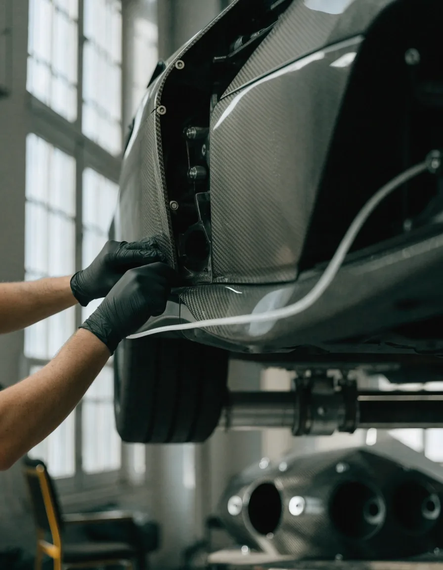 Detail of a hypercar rear haunch with machined vents under raking studio light