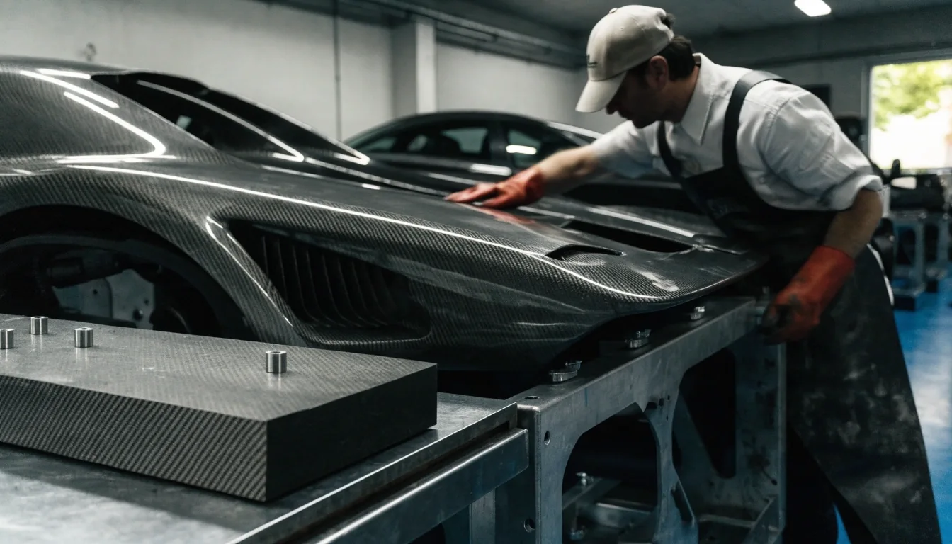 Longtail hypercar seen from the rear three-quarter angle in a dark studio
