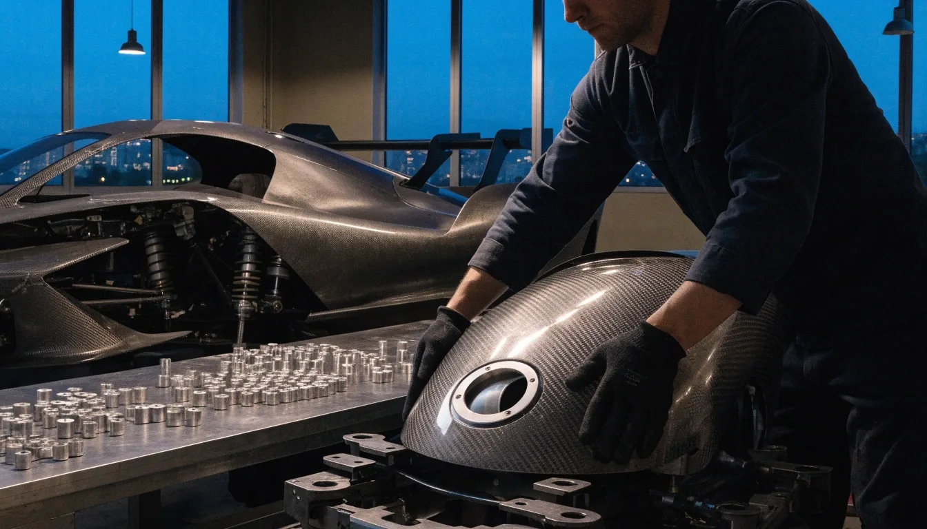 Open-top hypercar tracked at speed on a closed circuit at dusk
