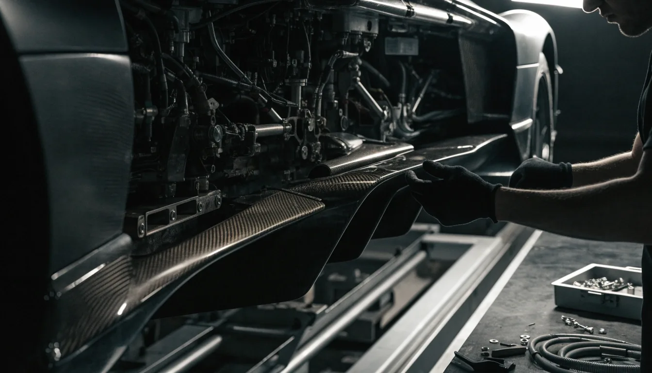Longtail hypercar rear in a dark atelier bay with tools on a work surface