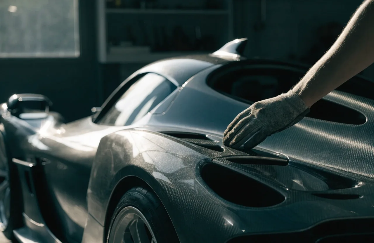 Machined rear haunch detail of an open-top track hypercar with water on the lacquer