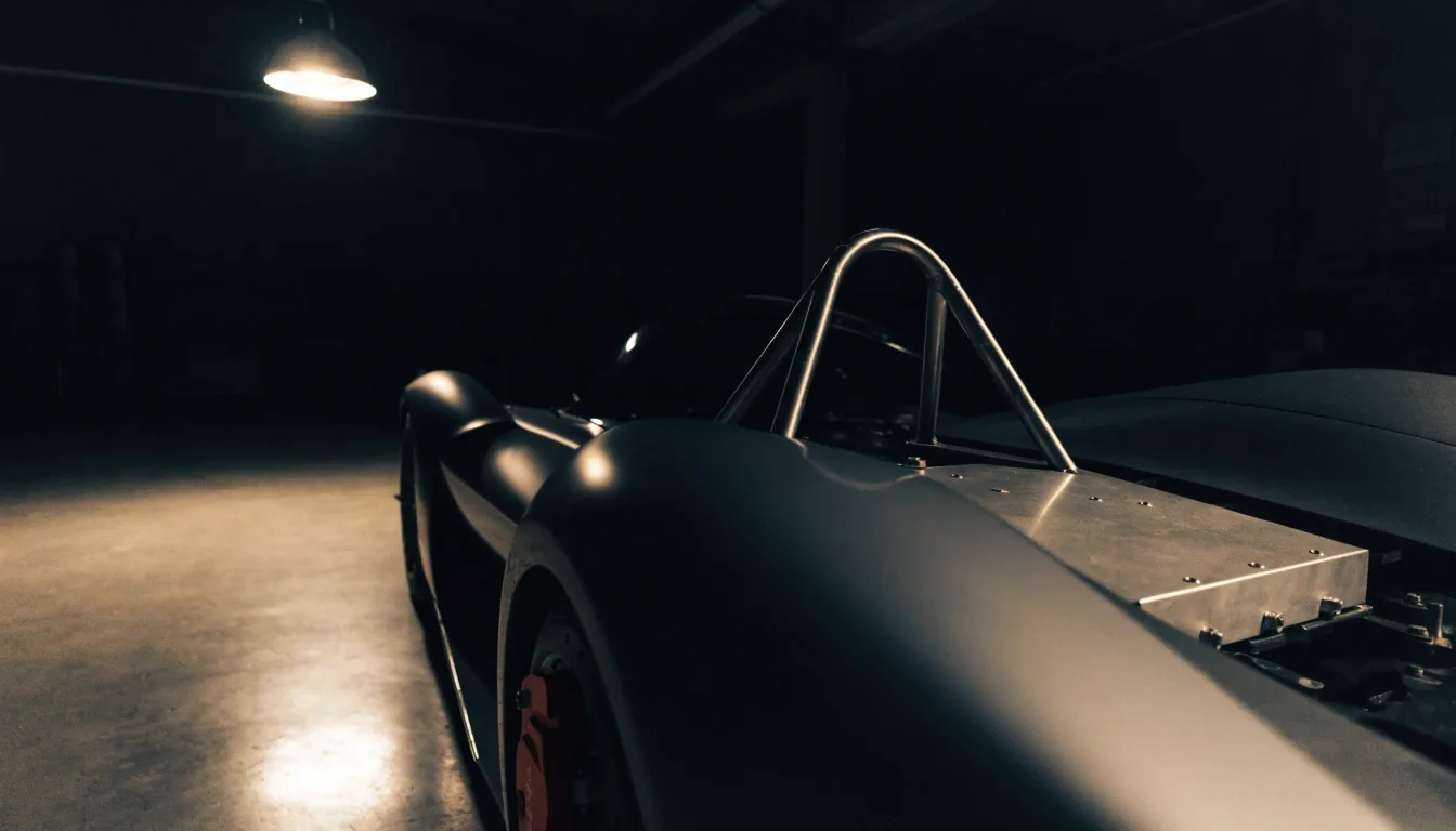 Open barchetta-style hypercar under a single shop lamp in a dark garage