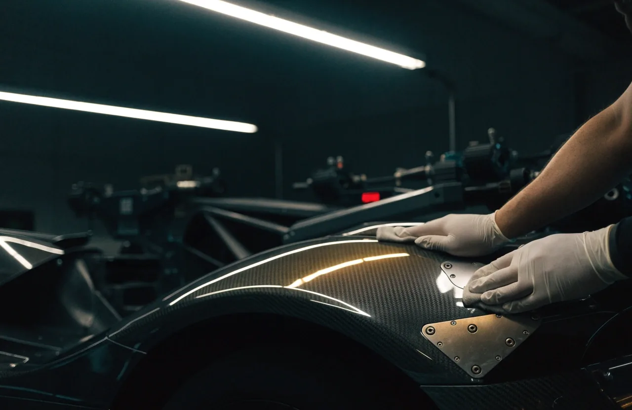 Unbadged low-slung hypercar body lit by a single overhead strip in a dark studio