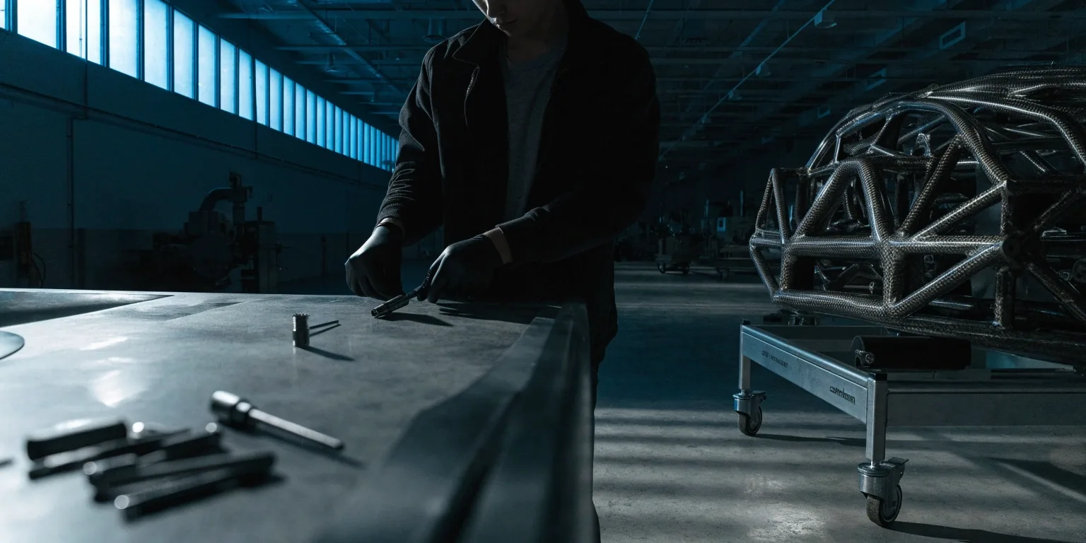 Night atelier floor with a bare monocoque body on a build trolley and hand tools laid out on a work surface