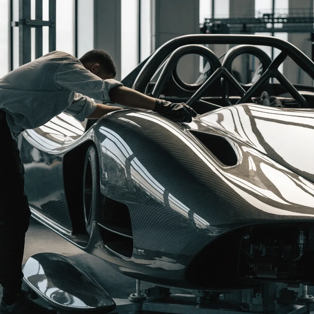 Open-top hypercar body in profile in a darkened studio with the roof removed and a raking key light across the sill