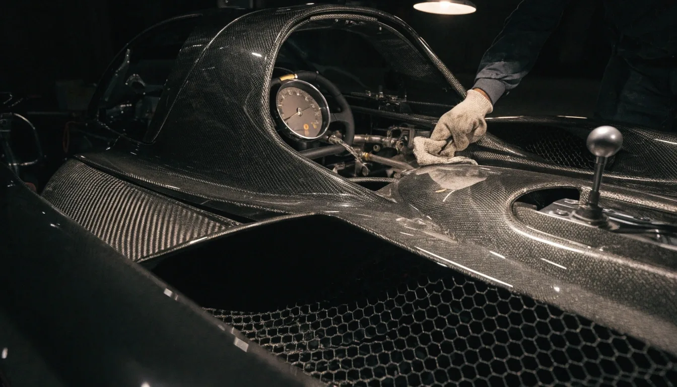 Rear haunch and open cockpit of a hypercar in a dark garage at night under a single overhead shop lamp
