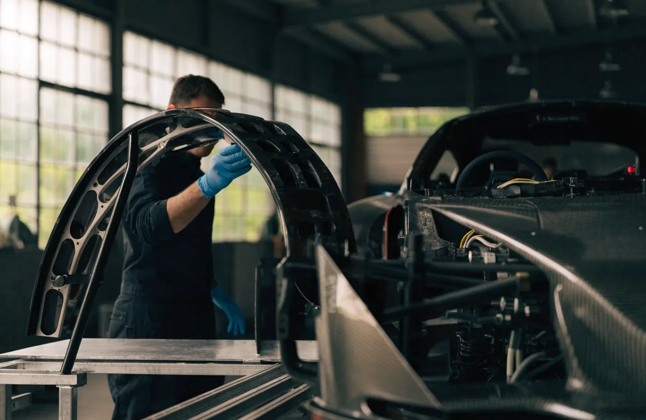 Unbadged low-slung hypercar photographed three-quarter front in a dark studio under a single overhead light strip