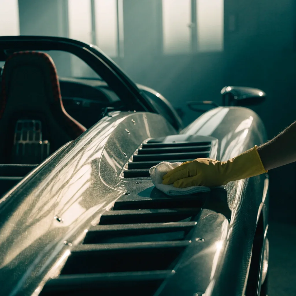 Open barchetta-style hypercar body photographed in a dark studio, roll hoop frame in the foreground