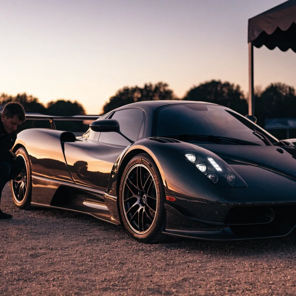 Unbadged hypercar body on an open concours lawn at golden hour with long shadows across the grass