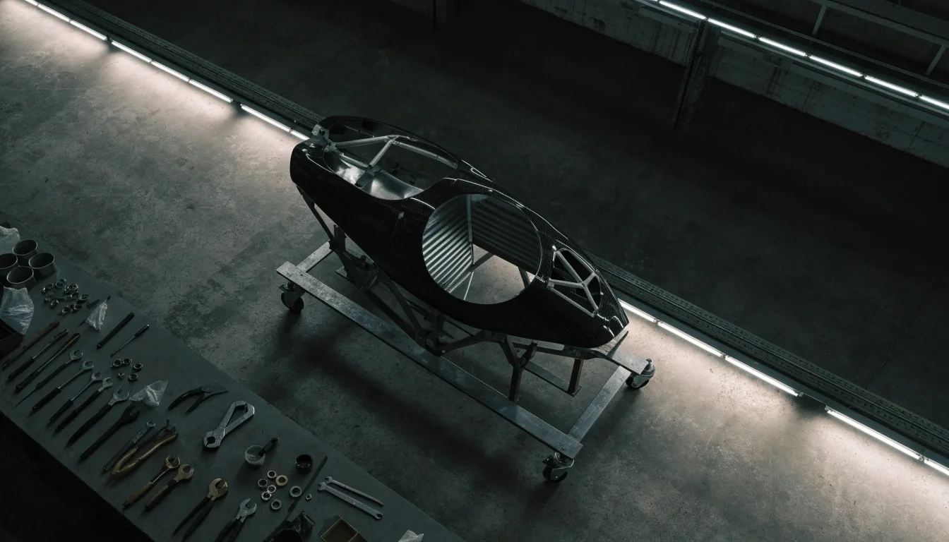 Overhead view of an atelier build bay at night with a monocoque shell on a trolley